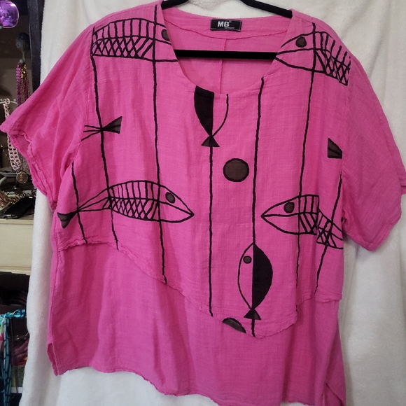 MB Germany Women's  Lagenlook Oversized Fish Print 50 Linen 50 Cotton Top Italy - Picture 1 of 5